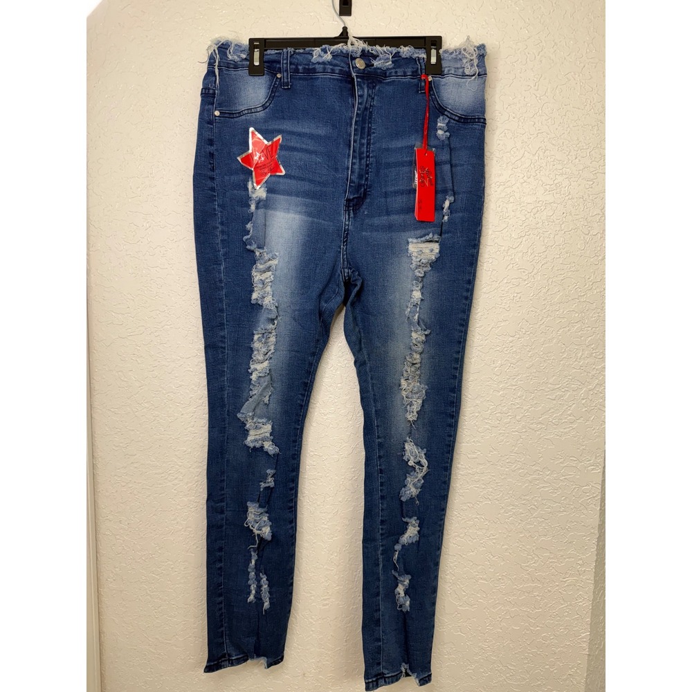 Roma Studio Womens High Rise Distressed Skinny Jeans Blue Denim P506 Size 20
